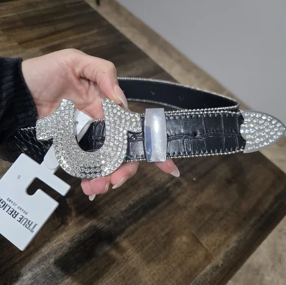 NWT True Religion Black Moc Croc Rhinestone Horseshoe Belt